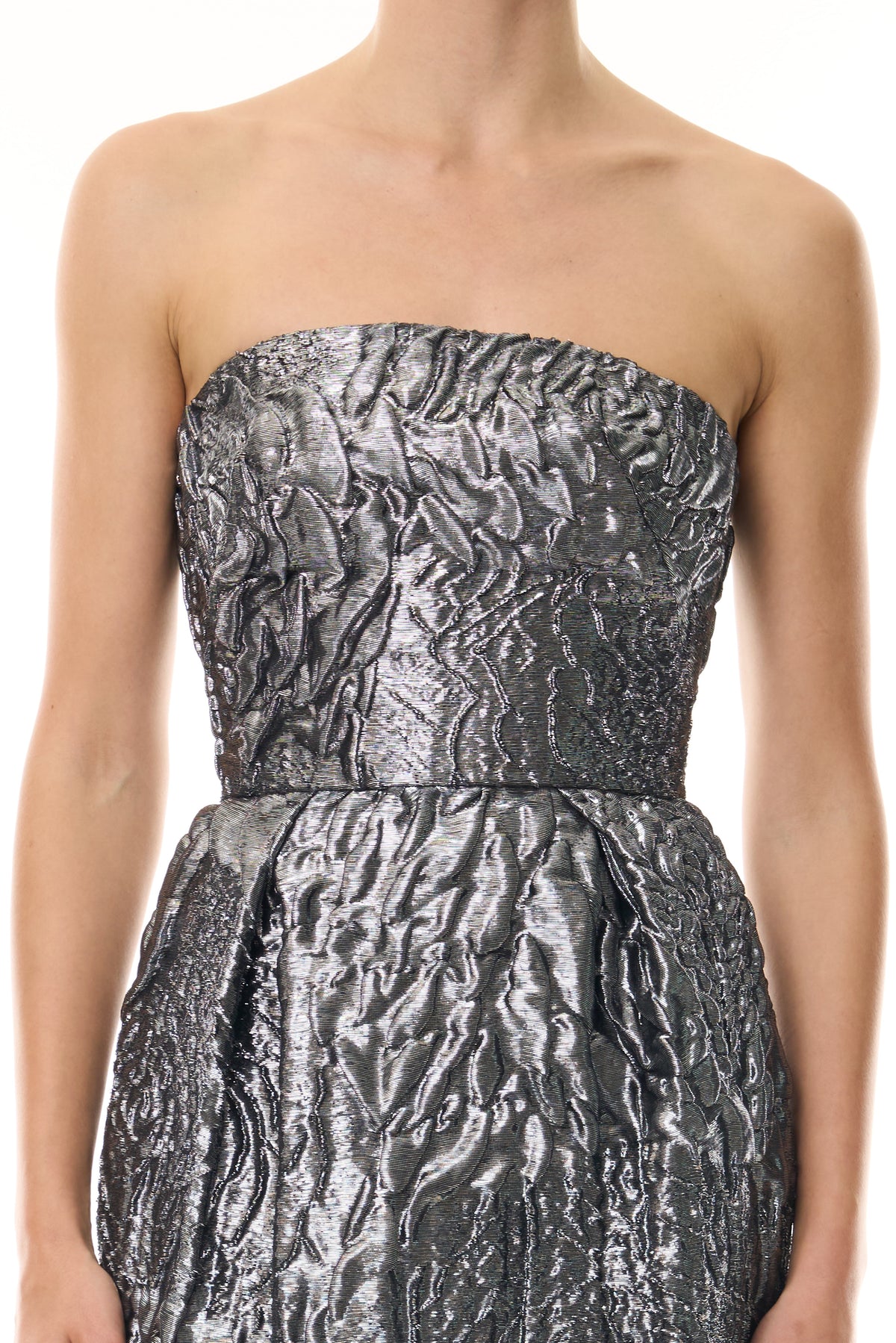 Monique Lhuillier Fall 2026 Chrome Lamé Rose Jacquard Strapless pleated cocktail dress with pockets - fabric.
