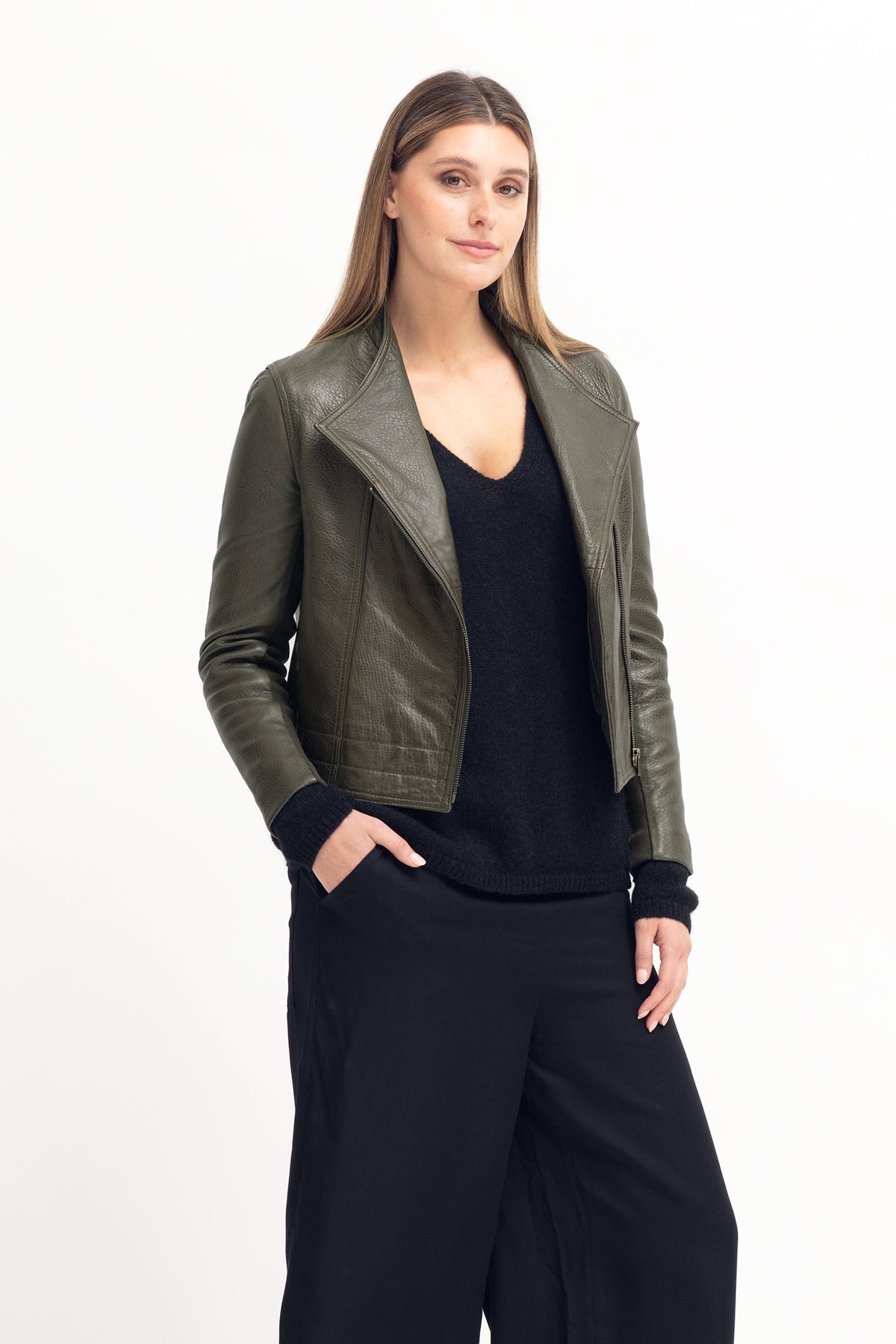 Lader Biker Leather Jacket Model Angled Front | TARMAC