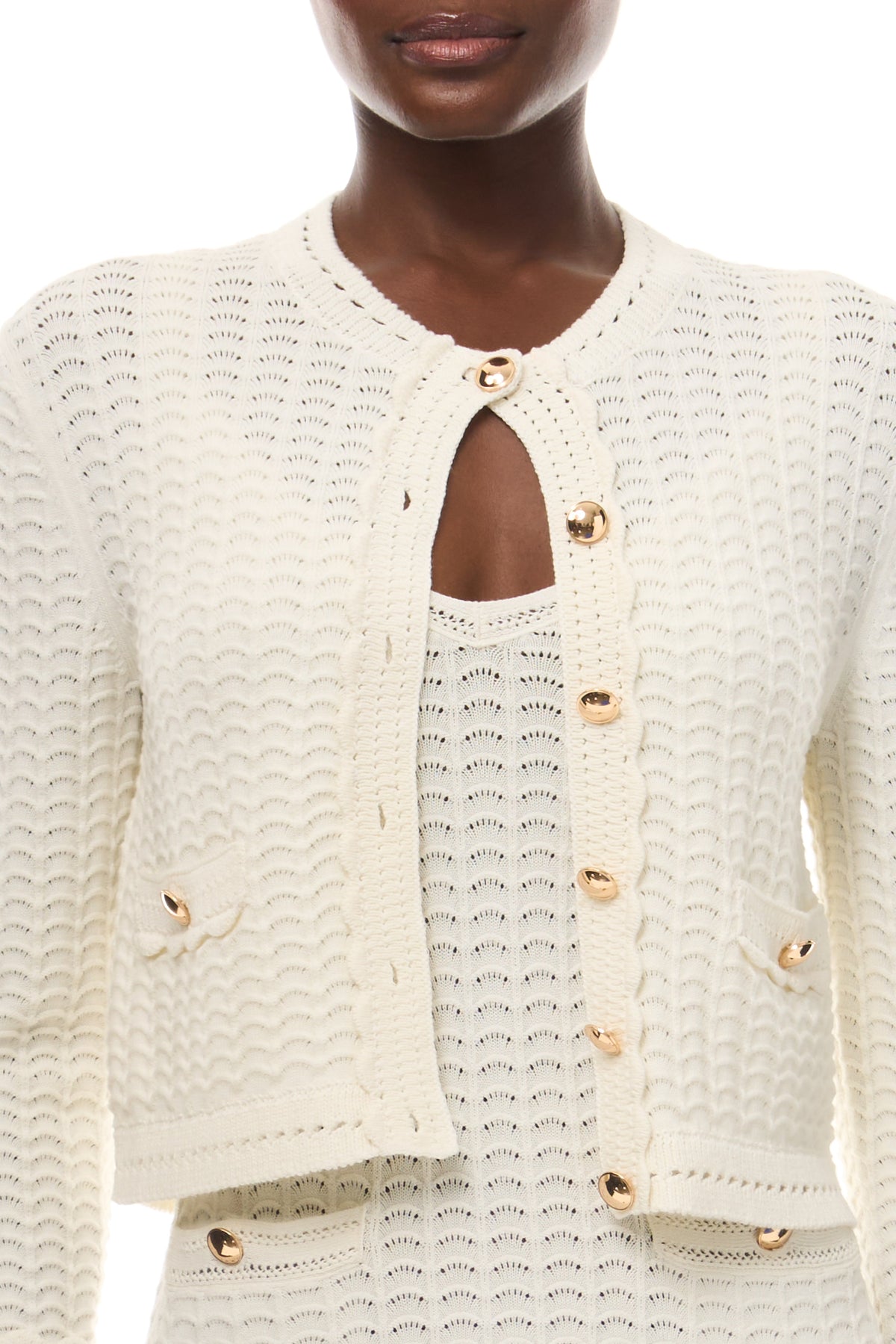 Monique Lhuillier Spring 2026 Ivory Cotton Viscose Knit Lace stitch cardigan with gold buttons with coordinating dress - fabric.