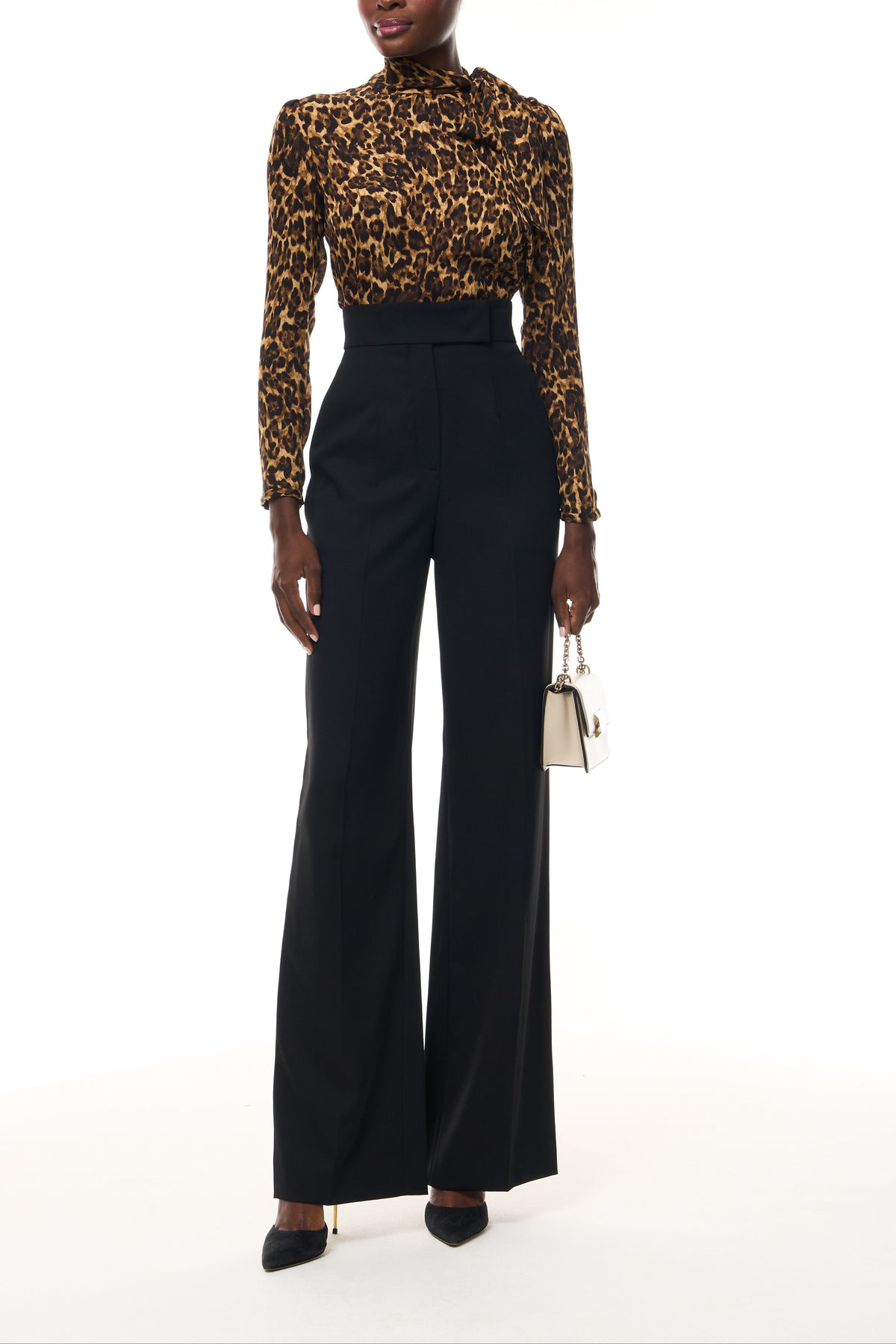 Monique Lhuillier Spring 2026 Leopard Printed Georgette scarf neck blouse - front with cream Rhea Mini Shoulder Bag.