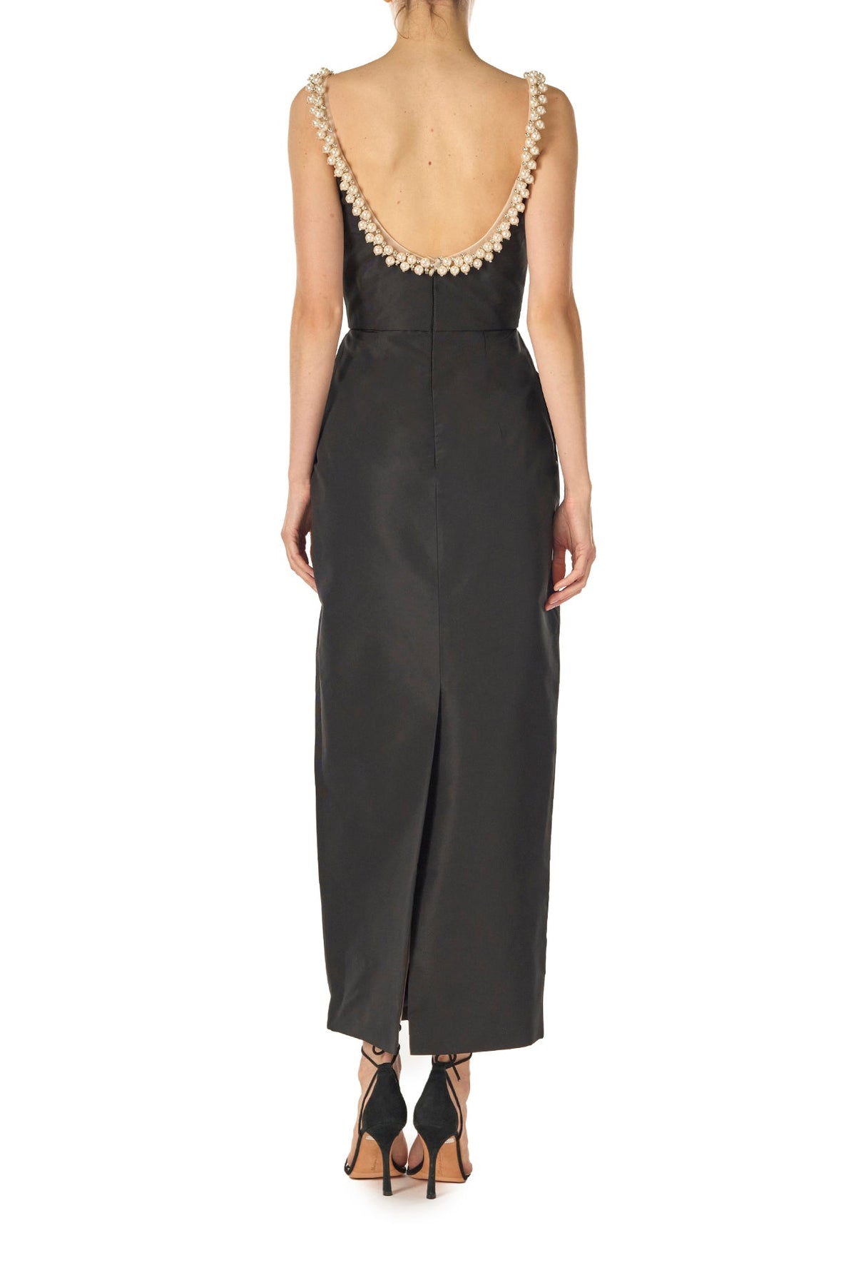 Monique Lhuillier Fall 2024 Sleeveless, scoop neck cocktail dress with pockets and pearl embroidered neckline in noir silk faille - back.