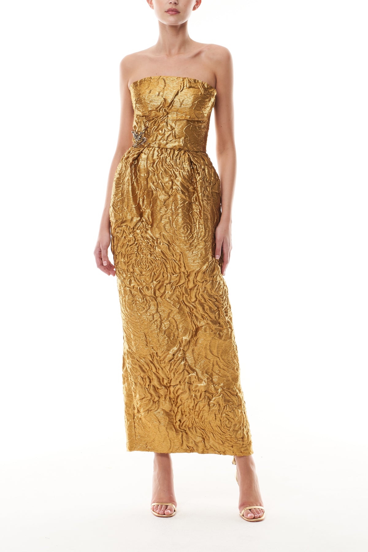 Monique Lhuillier Fall 2025 gold Lame Rose Jacquard strapless cocktail dress - front.