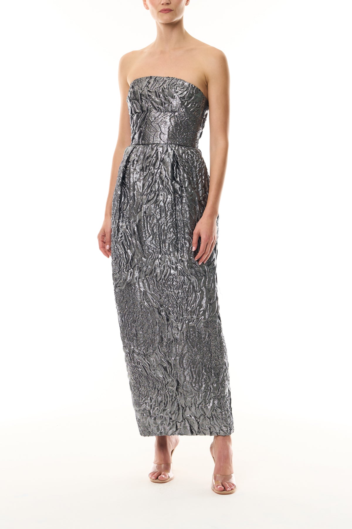 Monique Lhuillier Fall 2026 Chrome Lamé Rose Jacquard Strapless pleated cocktail dress with pockets  - side.
