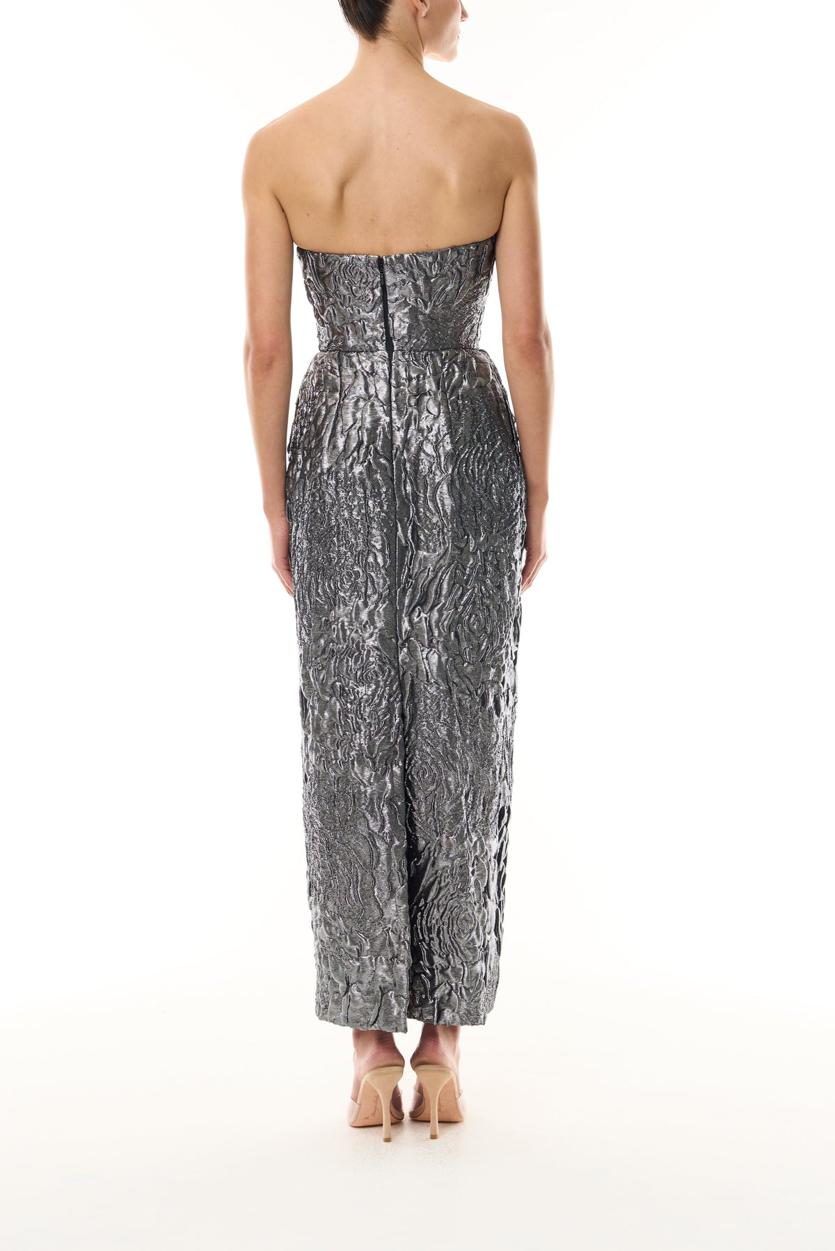 Monique Lhuillier Fall 2026 Chrome Lamé Rose Jacquard Strapless pleated cocktail dress with pockets  - back.